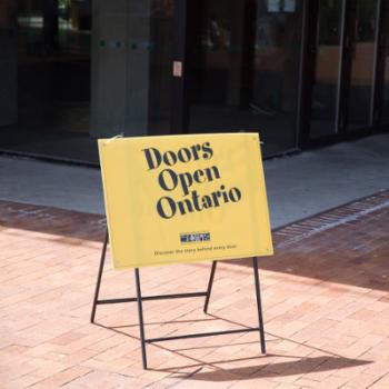 Sign outside the library that reads "Doors Open Ontario"