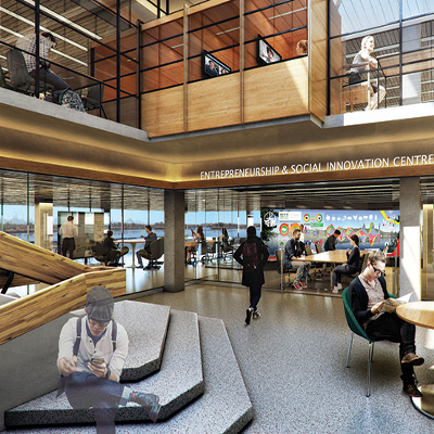 A visual artist's rendering of the future Bata library with focus on the main floor and it's study area