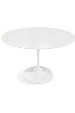 All white table with a small circular base and a much larger circular top