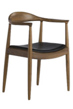 Four leg dark wood open concept chair with a curved leather seat