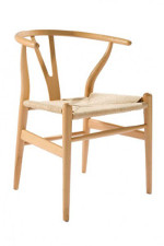 four thin wooden legs hold up the cloth seat with a backing made of thin curved wooden pieces