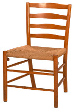 Wooden chair with wooden supports between the legs, a rope based seat that has been closely intertwined, and slightly open wooden back 