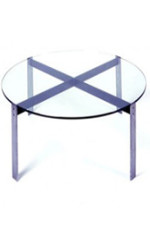 A circular glass piece makes the top of this low table, with two crossing metal bars making the four legs