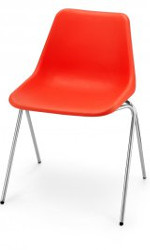 A single piece of red plastic makes up the seat and backing of this chair. with no armrests and four thin metal legs