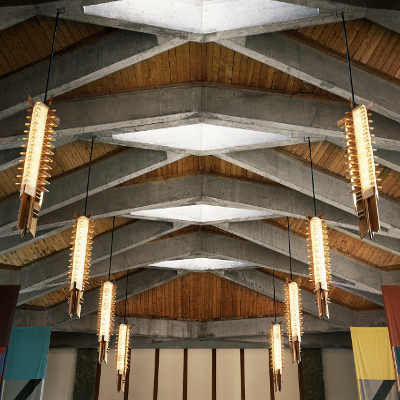 Ceiling of the Great hall with Trent banners hanging around diamond shape sky lights