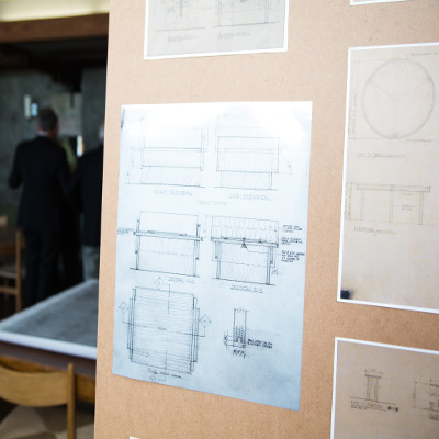 Board showing the original Ron Thom drawings of a padded chair