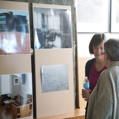 Orginal photo's of the interior of Trent buildings in black and white showcasing Ron Thom's chairs