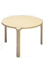 Three legged wooden table: circular top and prominent leg designs