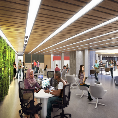 Digital rendering of the new Bata library showing the breathing wall and students sitting in a lounge area