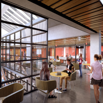Digital rendering of the Bata library where students are sitting around the central stair case in study area