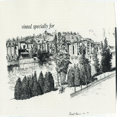 An artist's rendering of Trent University with a focus on Champlain College