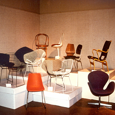 Classic photograph of the various chairs done by the artist Ron Thom at Trent university