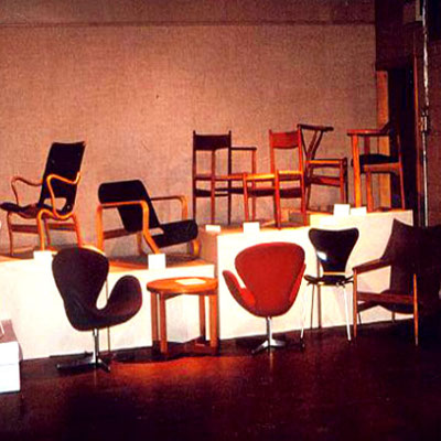 An older photo of original Ron Thom chairs that were located around Trent on display