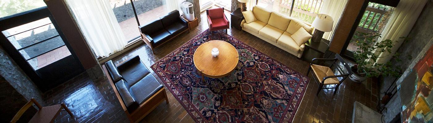 Aerial view of the living room in Alumni House