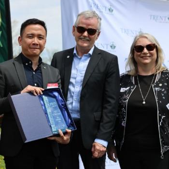 Photo of award winner with President Goarke and Cathy Bruce