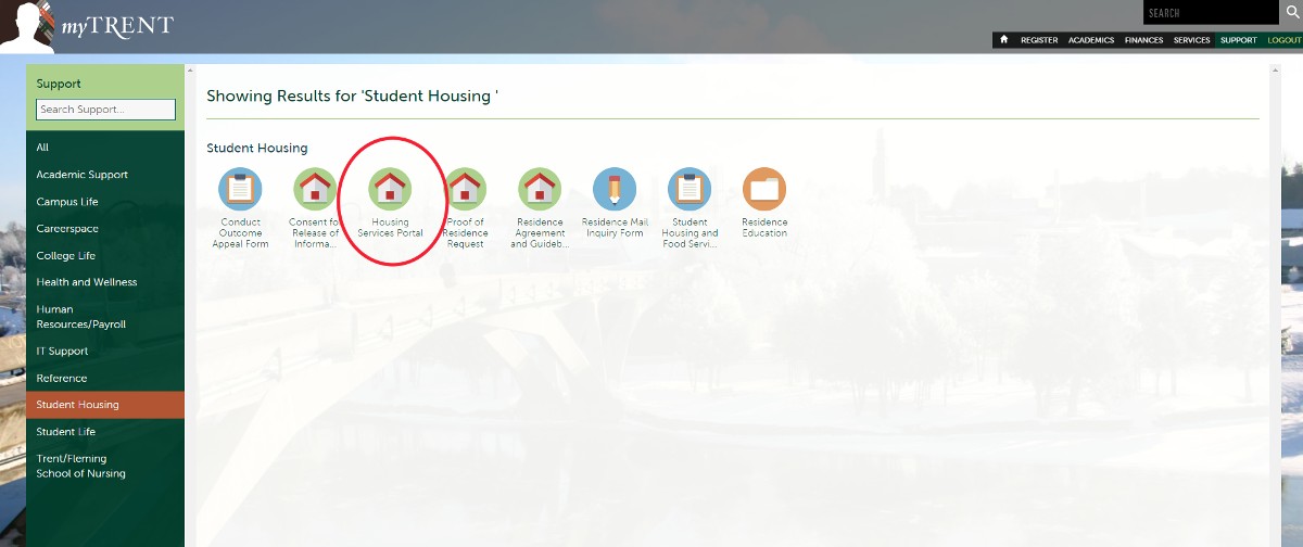 Screenshot of the MyTrent portal highlighting the Housing Services Portal