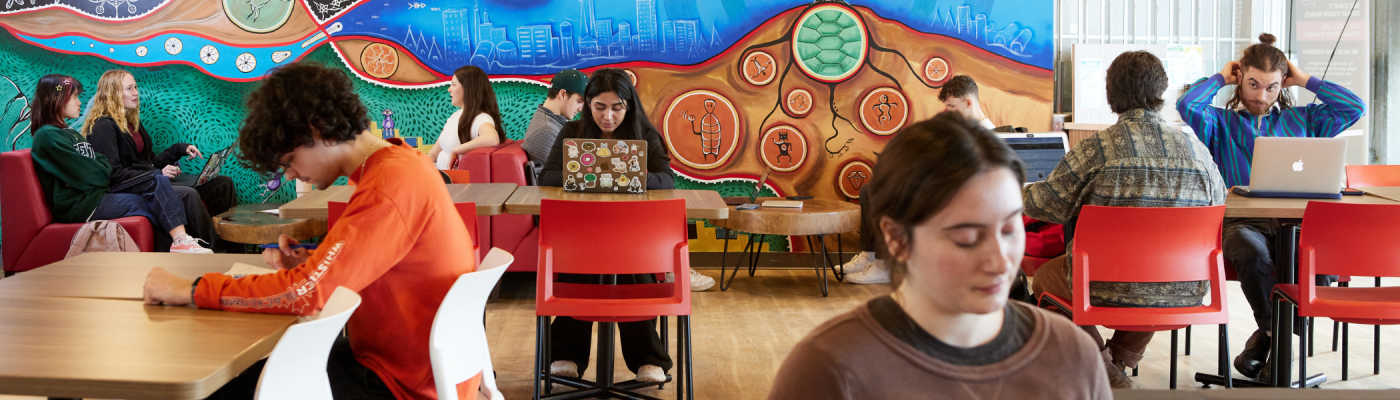 A group of students in a dining hall.