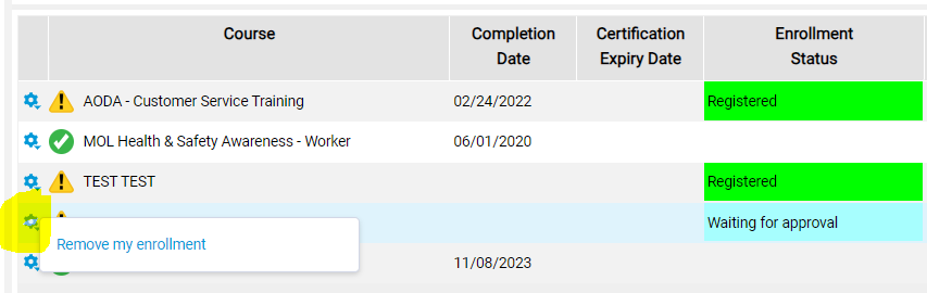 View of the remove my enrollment popup