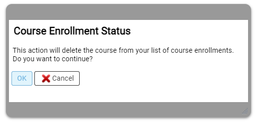 View of the Course Enrollment Status popup