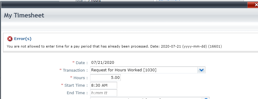 Image of Error not allowed to enter in previous pay period