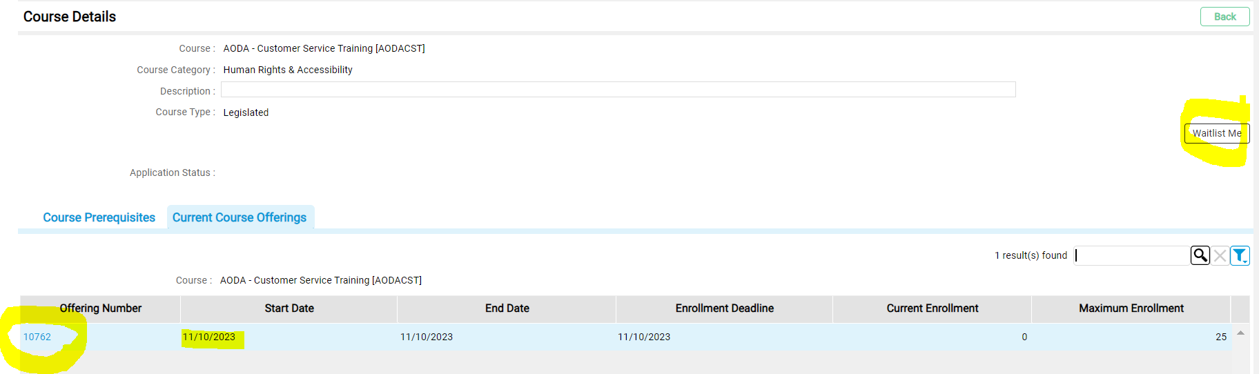 View of Course Enrollment Status highlighting Enrollment Priority
