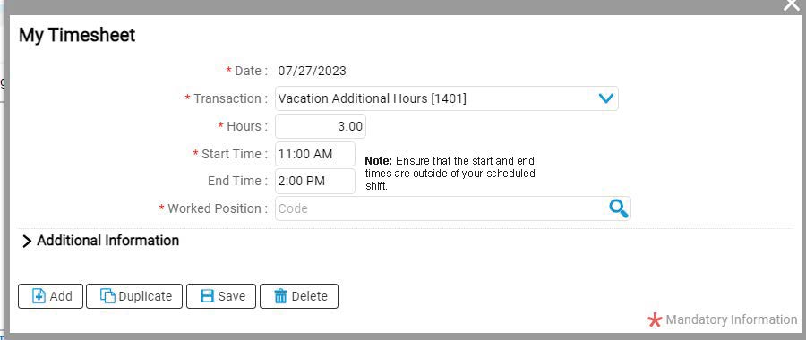 View of the My Timesheet screen