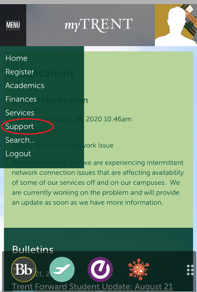 To access VIP, in your Staff MyTrent portal please click on Menu and select support