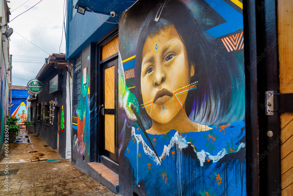 Mural of a girl in a blue dress