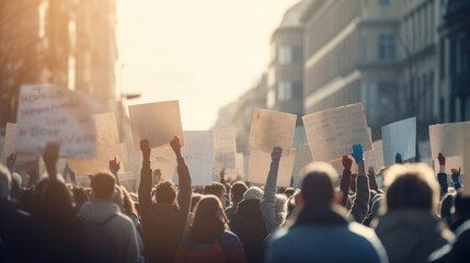 Protestors holding up signs with the sun setting in front of them