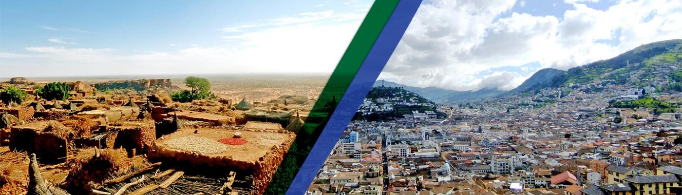 Aerial view of Ghana and Ecuador in the summer sun, separated by a green and blue vertical line
