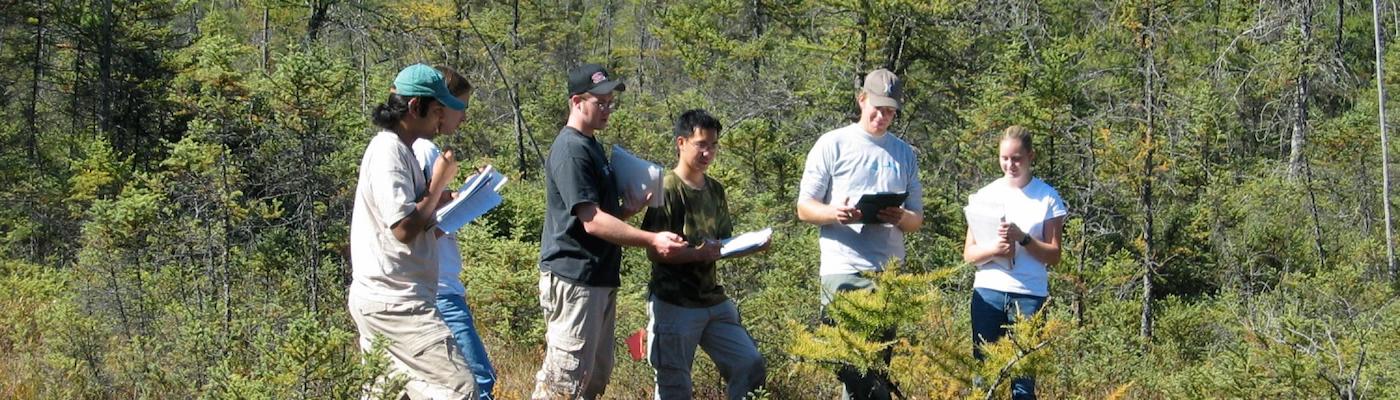6 students standing in field of trees with clipboards examining tree