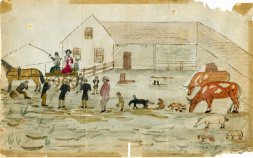 A cartoon from the Katchewanooka Herald Kate Traill departing from “the clearing” (Lakefield) on a horse-drawn cart