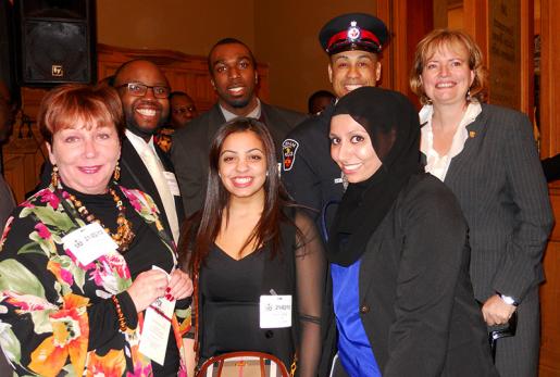 Left to Right: Back row - Student Pita-Garth Case, Student Roderic Southwell, Constable (and Trent student) Leon Presner, The Honourable Tracy MacCharles, MPP Front row - Professor Laurie Jacklin, Student Marie Girgis, Asma Bala (Constituency Assistant to Minister MacCharles)