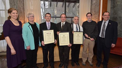 From left to right: Dr. Moira Howes, Dr. Jocelyn Aubrey, Dr. Martin Boyne, Dr. Craig Brunetti, Mr. David Marshall, Dr. Keith Walden and President Steven E. Franklin