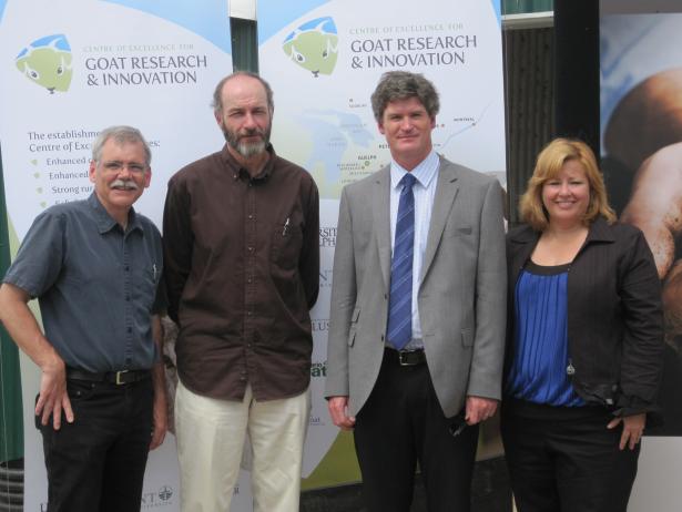 Andy Mitchell, President - Centre of Excellence for Goat Research and Innovation; Terry McNeeley, Board Member - Ontario Goat; Dr. Neil Emery, vice-president Research and International, Trent University; Lisa Thompson, General Manager - Ontario Dairy Goat Co-operative