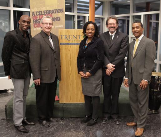 Student Clinton Taylor, Oshawa Mayor John Henry, CJC President Dr. Tracy Russell, Trent University Provost Dr. Gary Boire and Pastor Castro from APC Ministries at the Black History Celebration