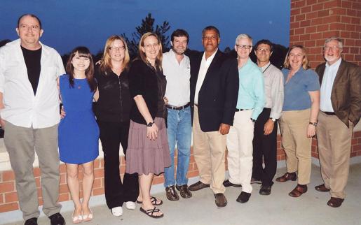 Professor Paul Healy, Dr. Heather McKillop (BS 1977; MA 1980), Dr. Jaime Awe (BA 1981; MA 1985), Dr. Jim Aimers (BA 1989, MA 1992); Dr. Reg Murphy (MA 1996); Dr. Terry Powis (BS 1987, MA 1996), Dr. Sonja Schwake (MA 2000), Carrie Dennett (BS 1998, 2003; MA 2007), Cara Tremain (MA 2011), and Norbert Stanchly (current Anthropology MA candidate). Missing from the photo are: Dr. Christine White (BS 1984; MA 1986) and Dr. Gyles Iannone (MA 1992), a current member of the Trent Anthropology faculty. 