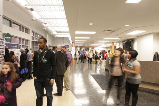 The busy atrium at Trent University Oshawa Thornton Road South
