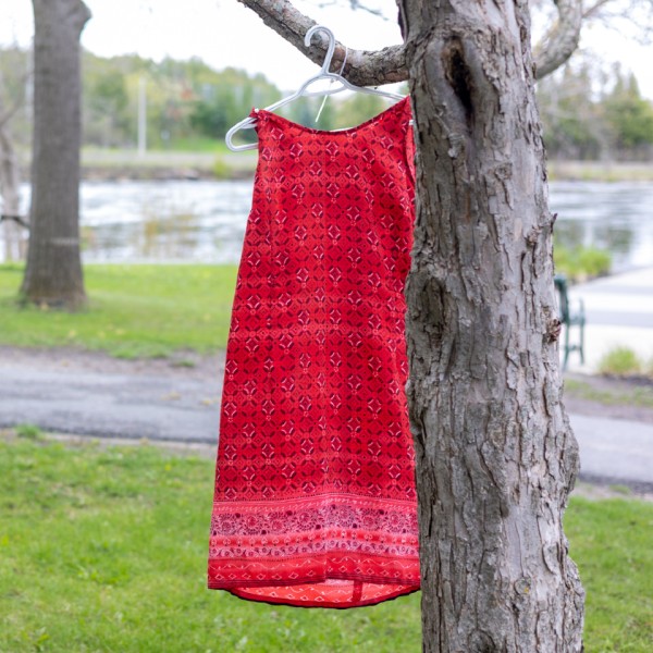 A red dress hanging from a tree