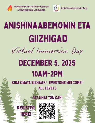 Boodweh Immersion Day poster with purple text, green background and green and white pine trees.
