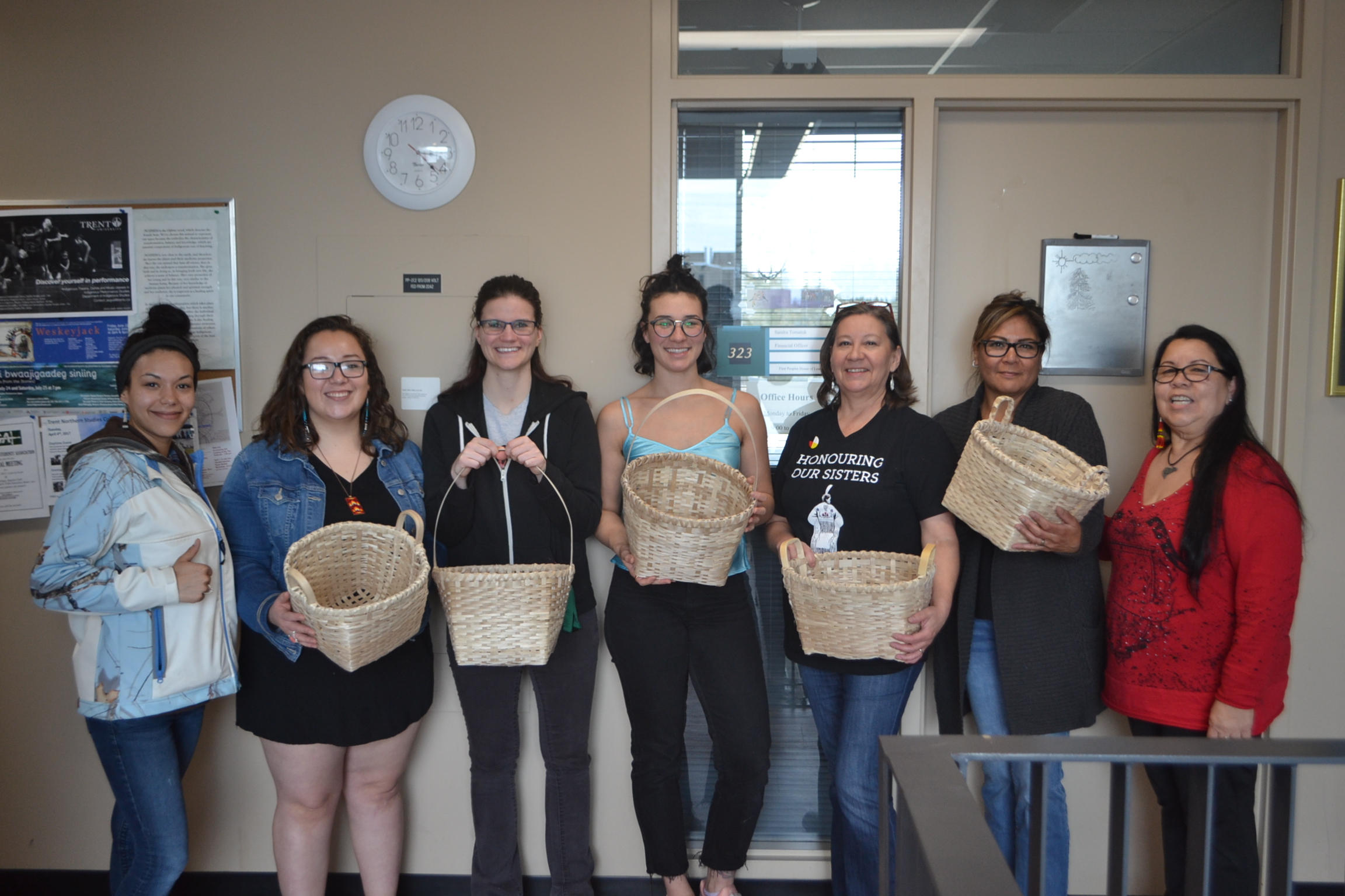 Images of students with program assistant and elder from a basket making workshop