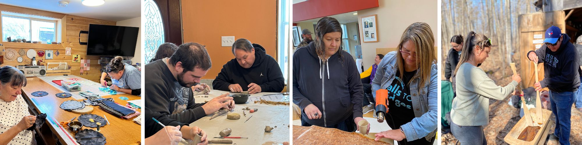 people sewing quilts, making clay pipes, fixing a birchbark canoe and making maple sugar.