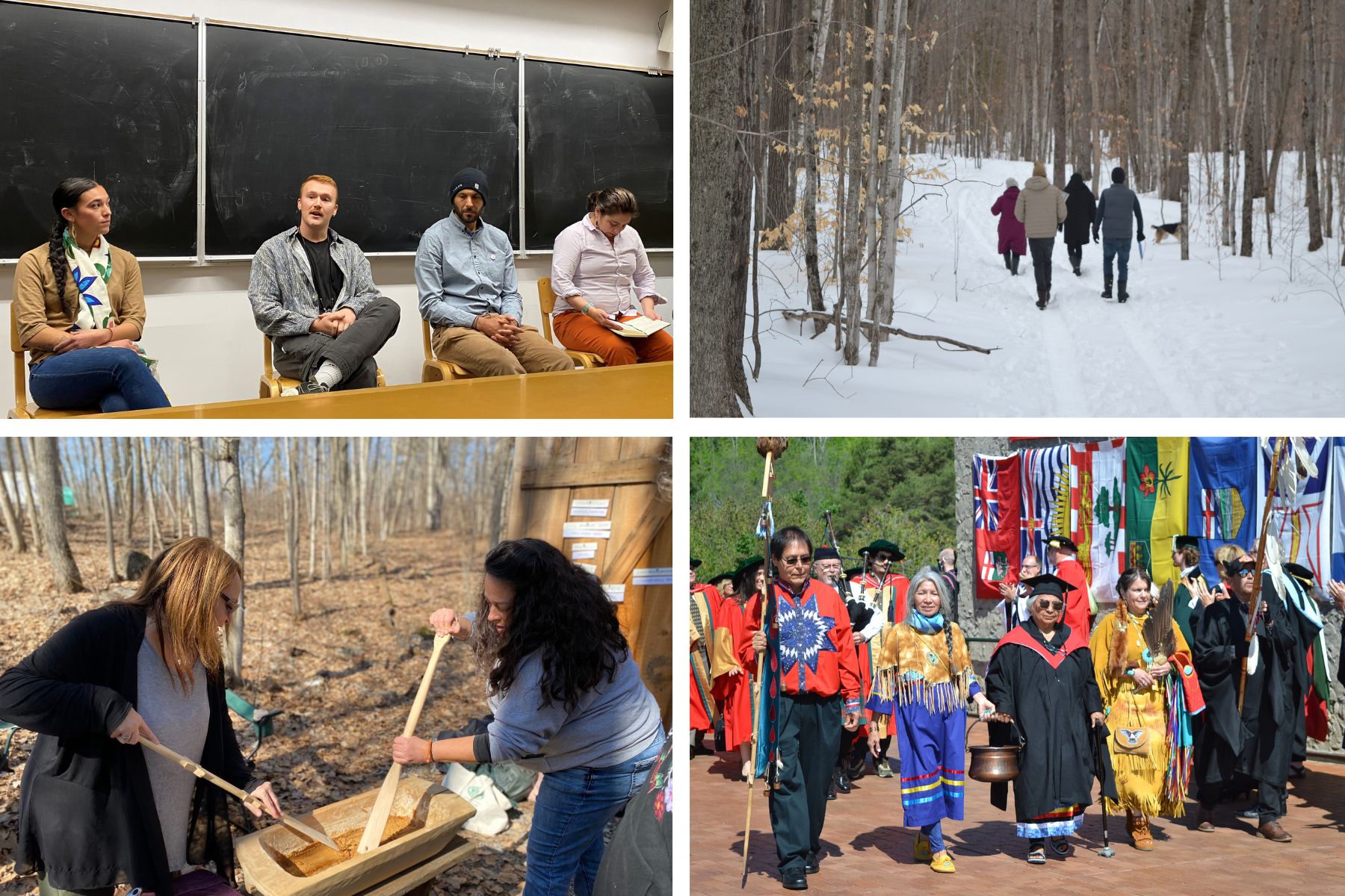 people speaking on a panel, people walking in a winter woods, graduation image of people in regalia