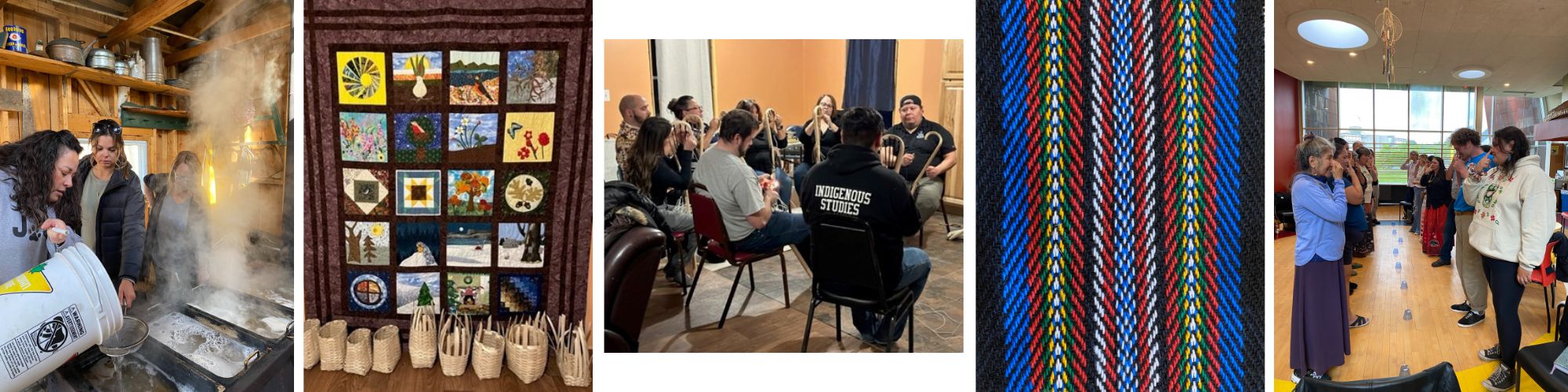 women pouring sap to boil, quilt with baskets, people making lacrosse sticks
