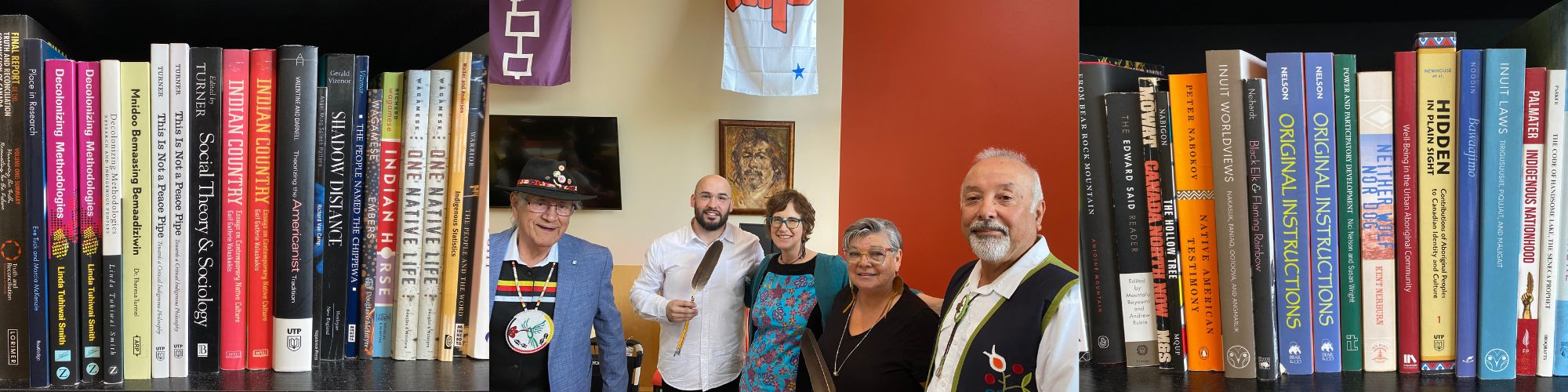 books on shelf and 5 people smiling