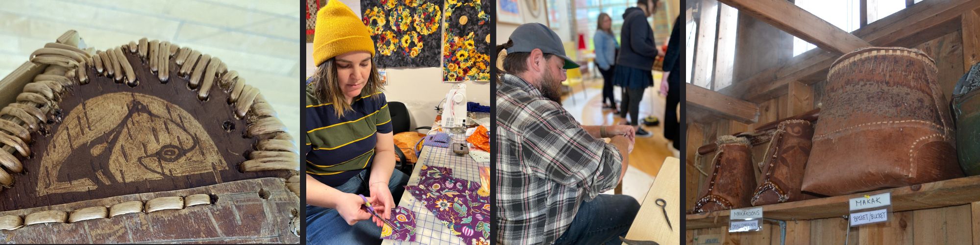 crane design on birchbark canoe, woman cutting fabric, man splitting wood, baskets