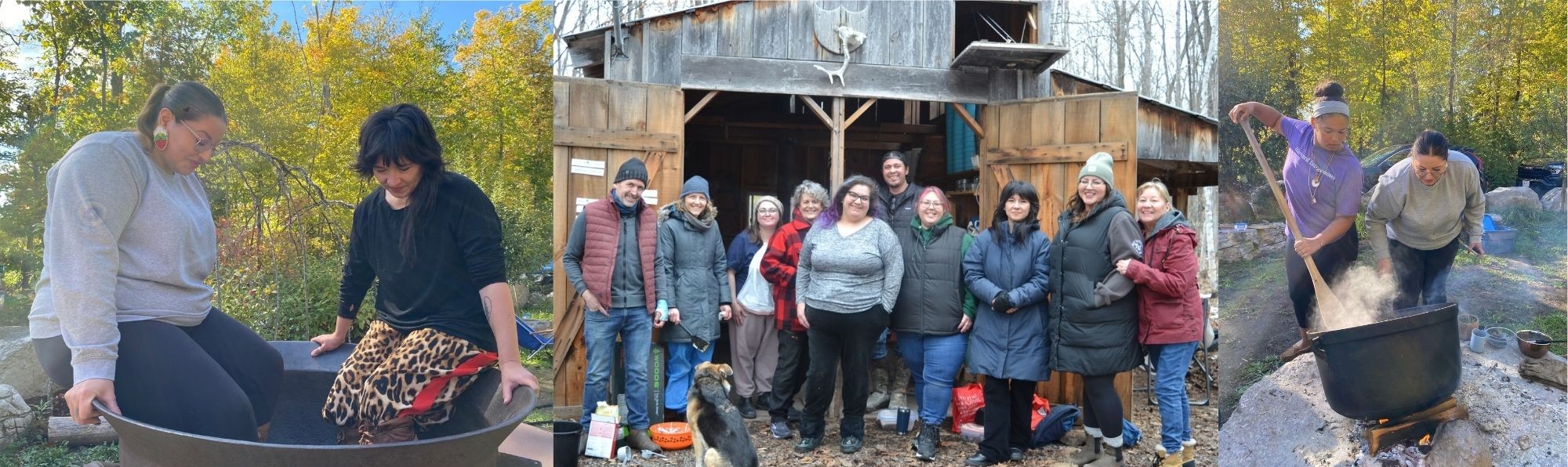 Image 1: Two women in giant iron pot. Image 2: Group shot of people in winter gear outside a wooden sugar shack. Image 3: Two women peering into pot over a fire. One stirring with paddle.