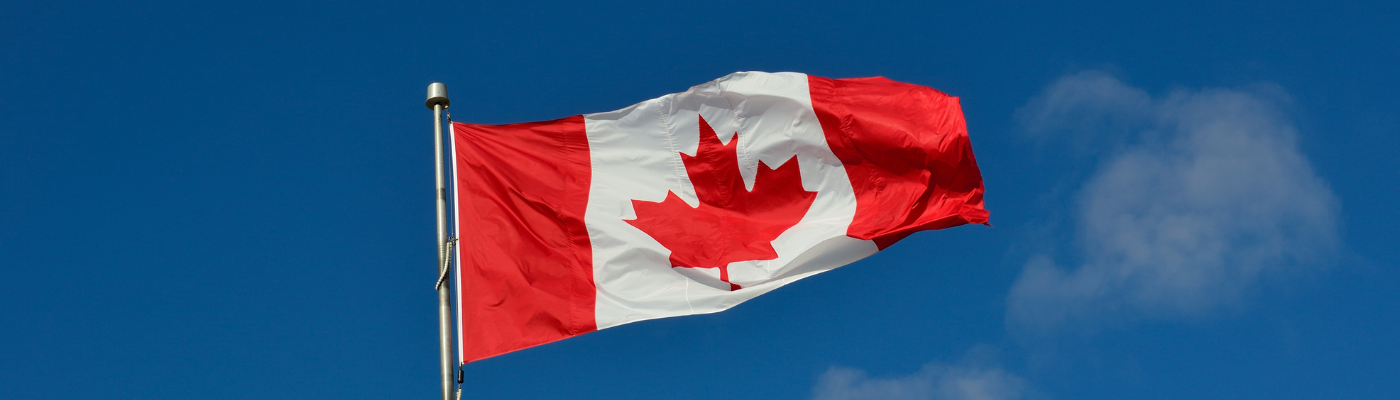 A Canadian flag waving in front of a blue sky