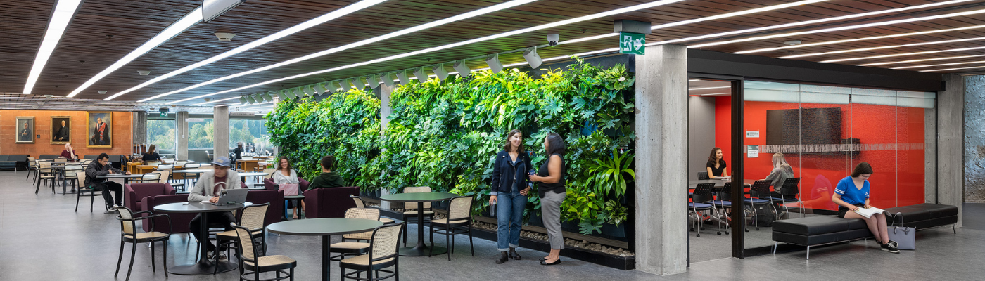Landscape photo of a plant wall inside Bata Library
