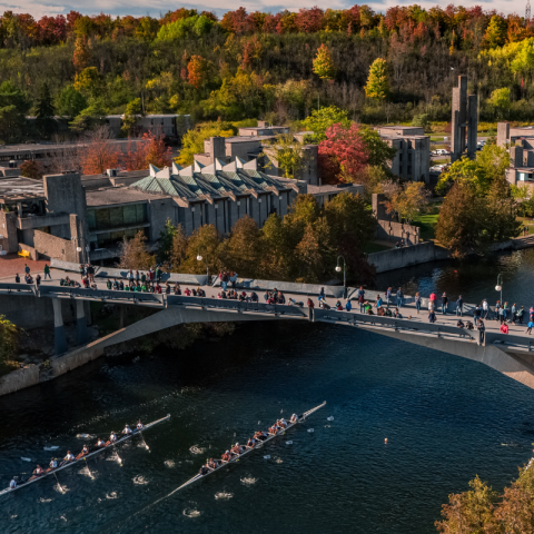 An aerial view of students watching rowers row beneath a bridge during the fall